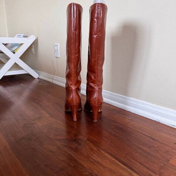 Zara Knee High Mid Height Brown Leather Heeled Boots - Picture 3 of 9